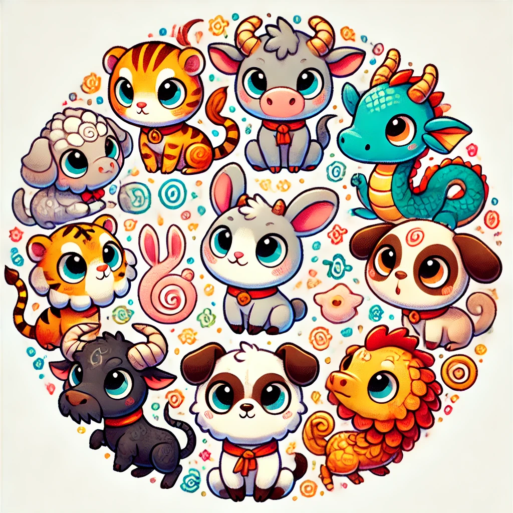 귀여운 그림의 12지 동물들이 원형 모양으로 모여있는 그림