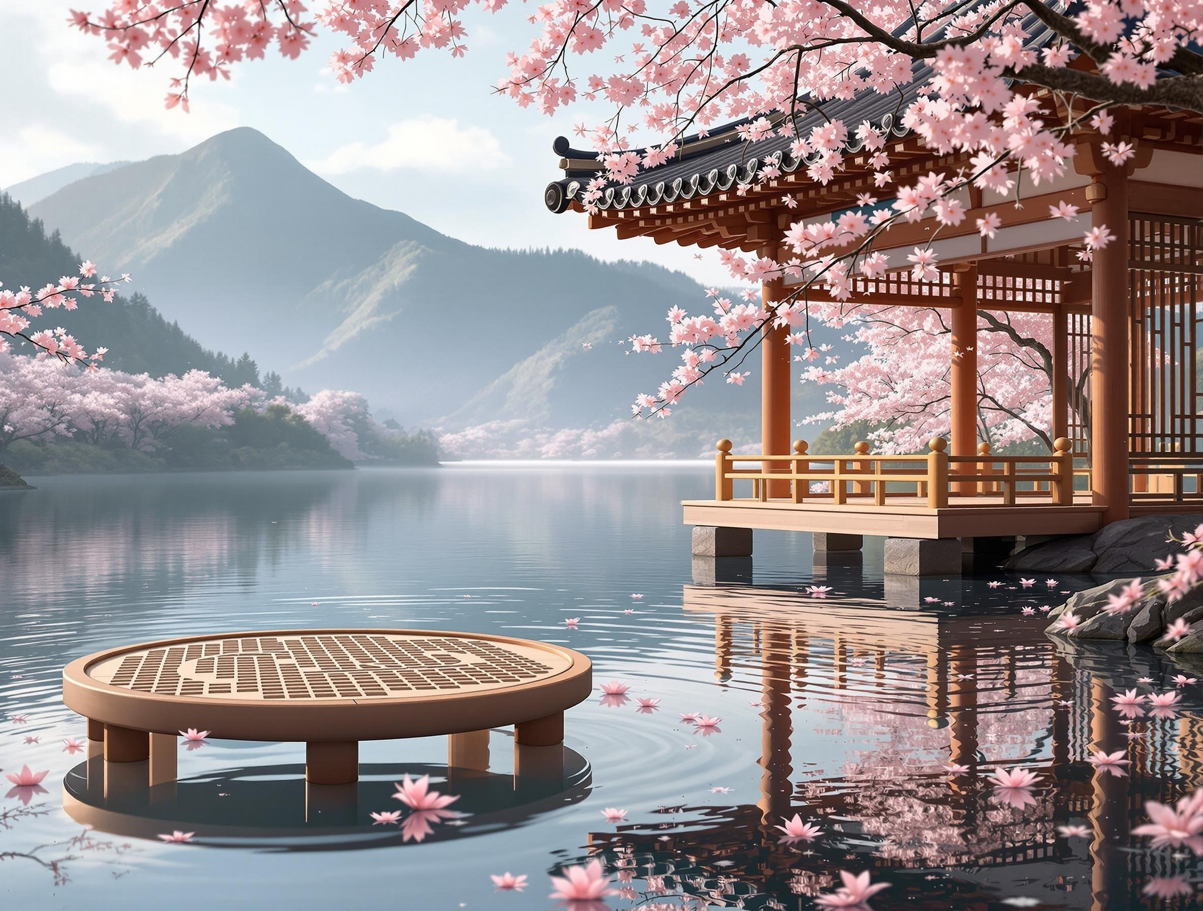 은별바둑 설치 방법 pc 다운로드 관련 벚꽃이 흩날리는 호수 위의 바둑판이 있는 그림 