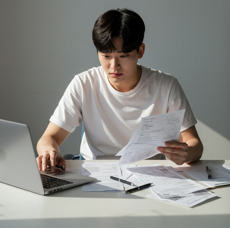 2025 학자금 대출 의무상환 유예 제도 신청하기와 관련된 남자가 노트북 앞에서 서류를 검토하고 있는 모습의 사진