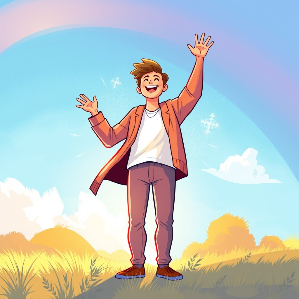 국민취업지원제도 신청 방법과 자격 요건 안내 바로가기와 관련된 한 남자가 밝게 웃으며 손을 흔드는 그림