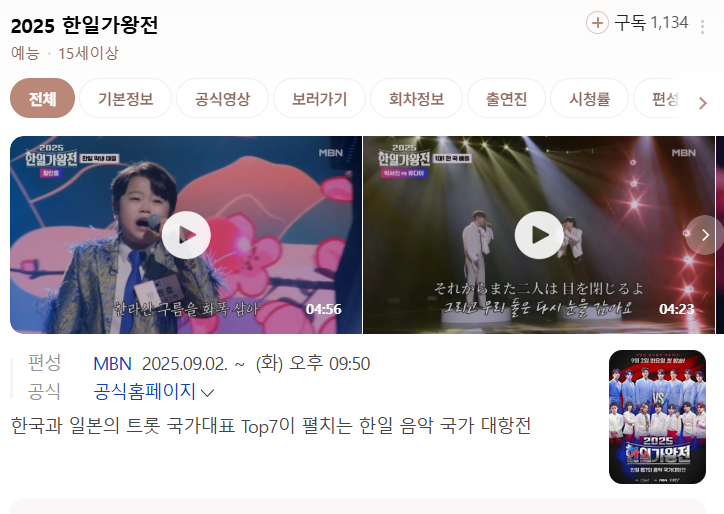 2025 한일가왕전 정보 보러가기 공식영상 회차정보  출연진 시청률 총정리 글에 어울리는 이미지