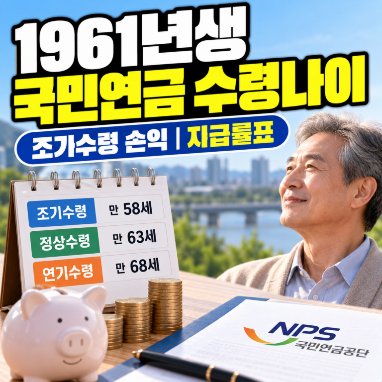 1961년생 국민연금 수령나이와 조기수령 손익, 지급률표를 안내하는 썸네일 이미지. 중장년 남성과 국민연금공단 서류, 조기수령 만 58세·정상수령 만 63세·연기수령 만 68세 안내가 표현되어 있다.