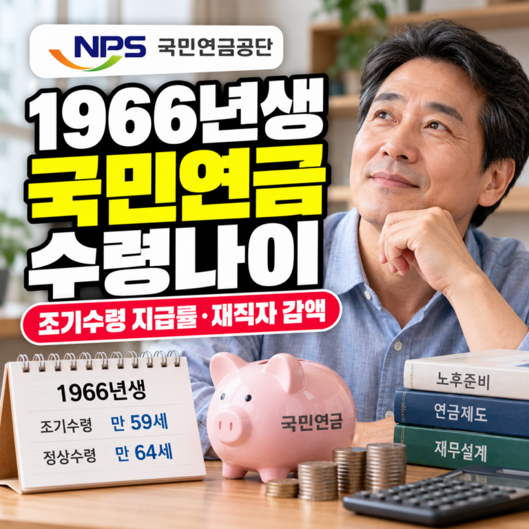 1966년생 국민연금 정상 수령나이 만 64세와 조기수령 만 59세, 지급률 및 재직자 감액 기준 안내