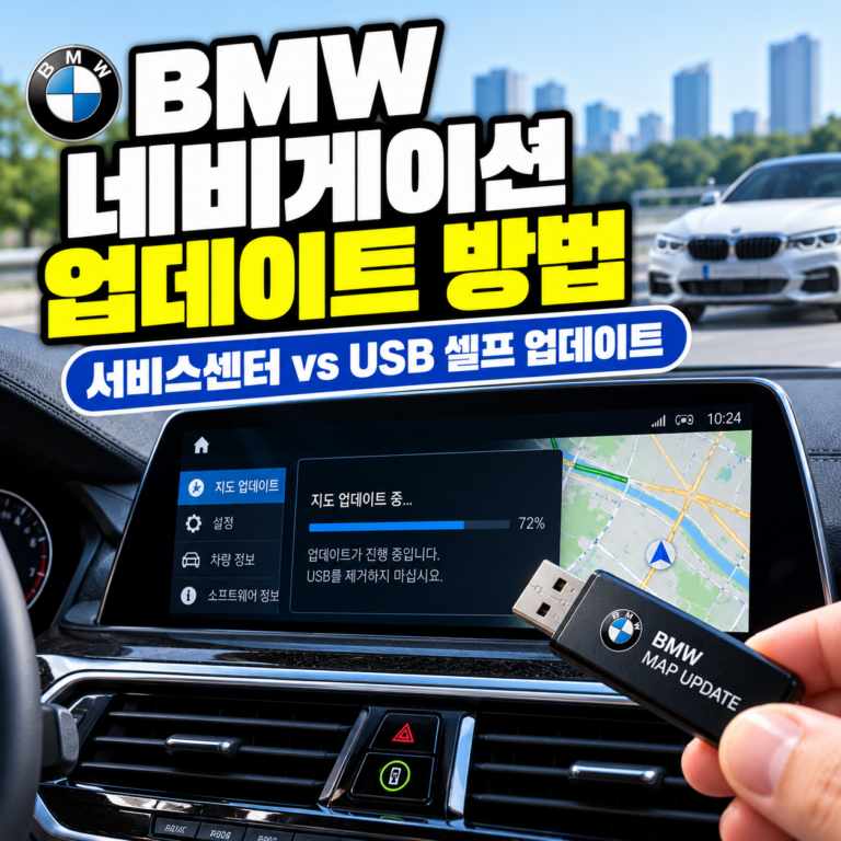 BMW 네비게이션 업데이트 방법을 안내하는 썸네일 이미지. BMW 차량의 내비게이션 지도 업데이트 화면과 USB 메모리를 배경으로 서비스센터 방문 및 셀프 업데이트 방법을 표현했다.