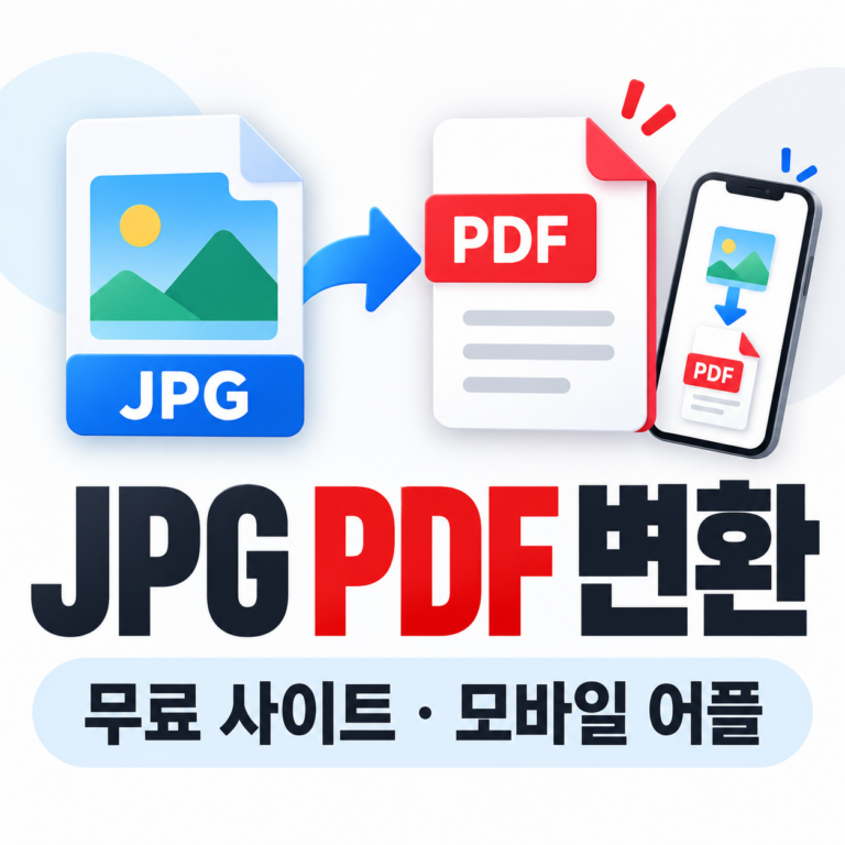 JPG PDF 변환 방법을 설명하는 이미지로, JPG 사진 파일을 PDF 문서로 변환하는 과정과 모바일 어플 사용 화면