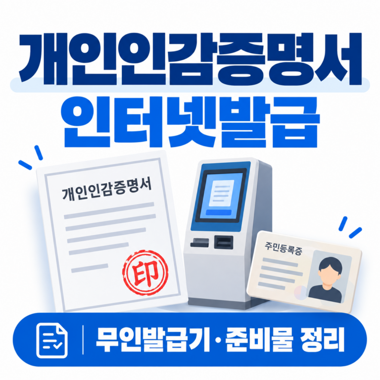 개인인감증명서 인터넷발급 방법 안내 썸네일, 인감증명서 서류와 무인민원발급기, 주민등록증 이미지 및 준비물 정리
