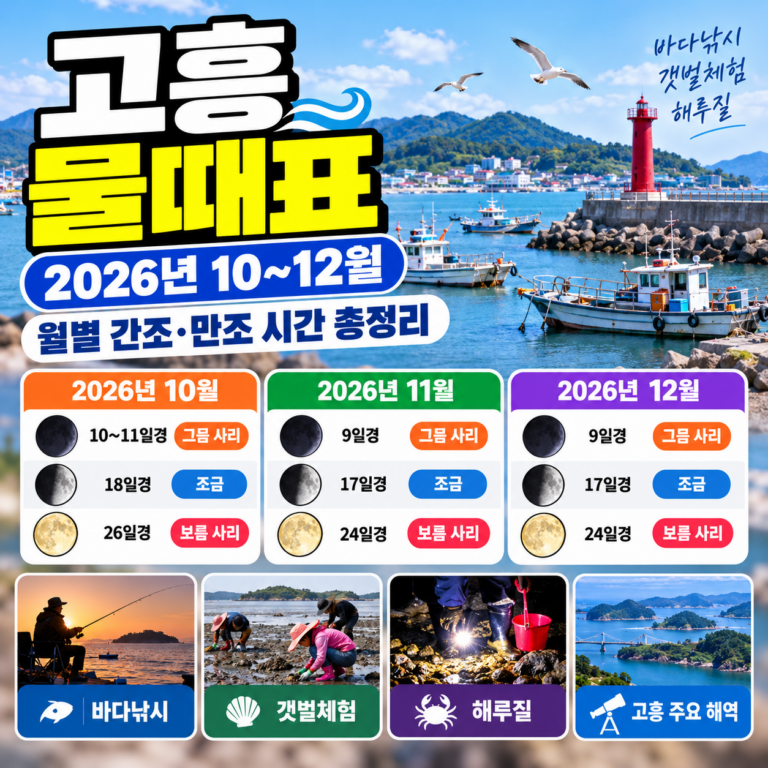 고흥 물때표 2026년 10월·11월·12월 간조 및 만조 시간 확인과 바다낚시, 갯벌 체험, 해루질 안내