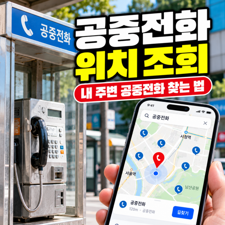 공중전화 위치 조회 방법을 안내하는 썸네일 이미지. 도심의 공중전화 부스와 스마트폰 지도 검색 화면을 통해 내 주변 공중전화 찾는 방법을 표현했다.