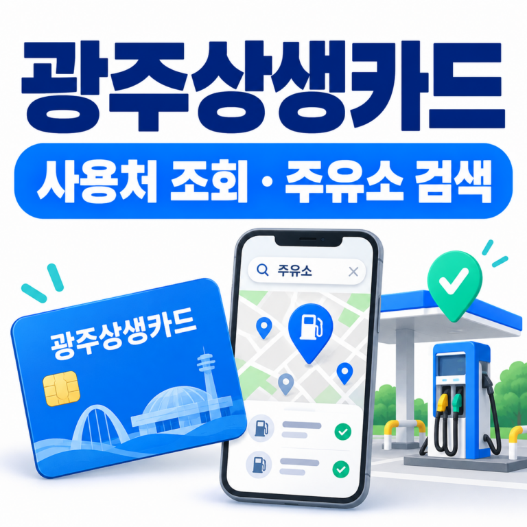 광주상생카드 사용처 조회 및 주유소 가맹점 검색 방법을 안내하는 카드, 스마트폰 지도, 주유소 이미지