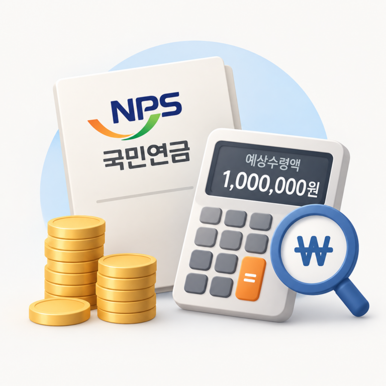 국민연금 조기수령 예상수령액 조회 및 계산 방법을 표현한 연금 서류, 계산기와 동전 이미지