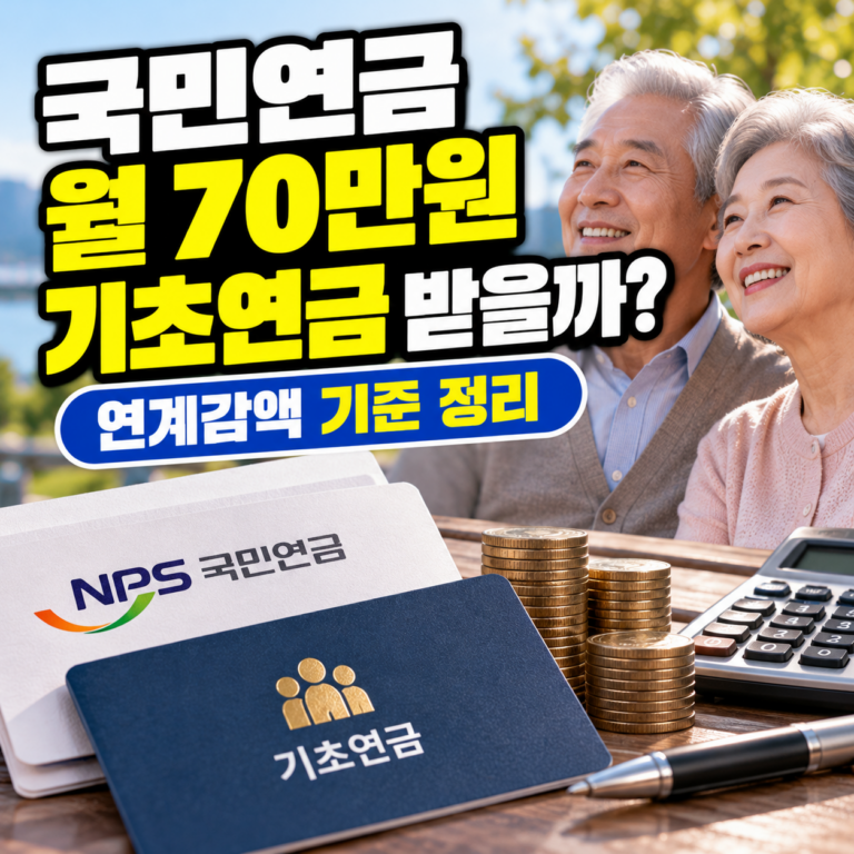 국민연금 월 70만원 수령 시 기초연금 지급 여부와 연계감액 기준을 안내하는 썸네일 이미지. 노부부와 국민연금·기초연금 관련 서류, 동전과 계산기가 표현되어 있다.
