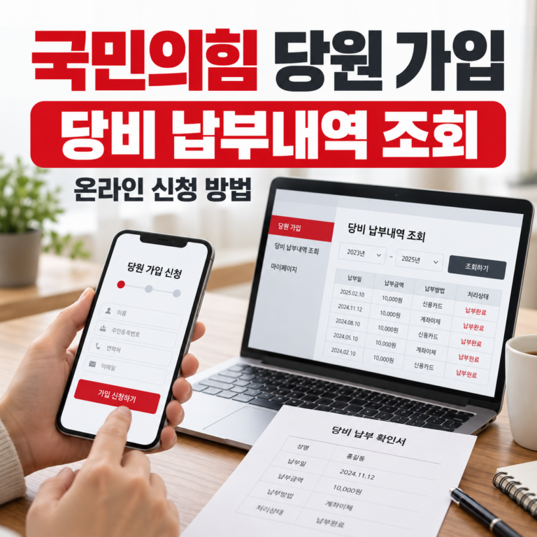 국민의힘 당원 가입 방법과 당비 납부내역 조회 방법을 안내하는 썸네일 이미지로, 스마트폰 입당 신청 화면과 노트북 당비 조회 화면이 표시되어 있다.