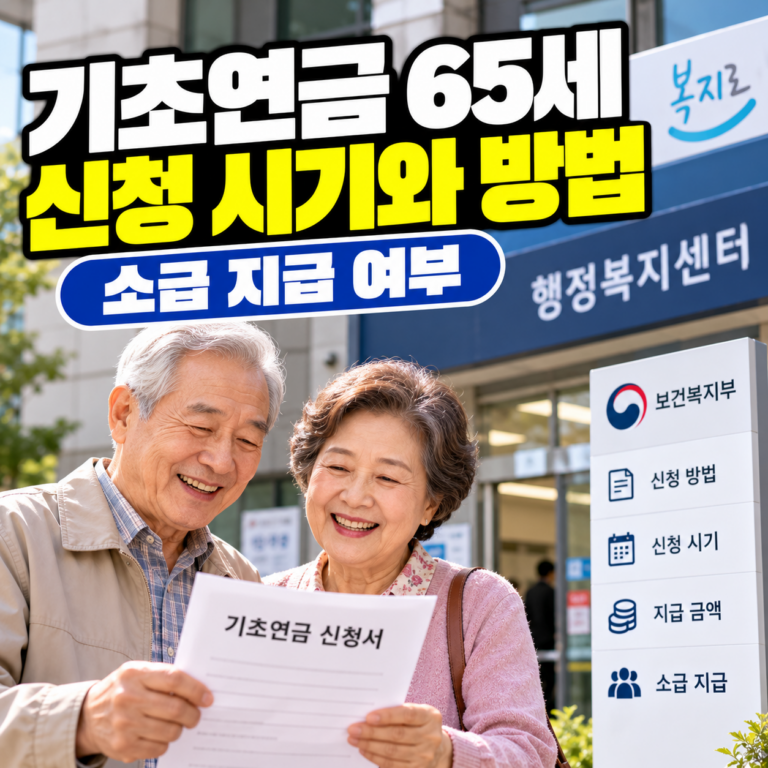 기초연금 만 65세 신청 시기와 방법, 소급 지급 여부를 안내하는 썸네일 이미지. 행정복지센터 앞에서 기초연금 신청서를 확인하는 노부부의 모습이 표현되어 있다.