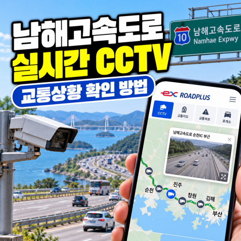 남해고속도로 실시간 CCTV 교통상황 확인 방법을 안내하는 썸네일 이미지. 남해고속도로와 CCTV 카메라, 스마트폰의 로드플러스 교통정보 조회 화면이 표현되어 있다.