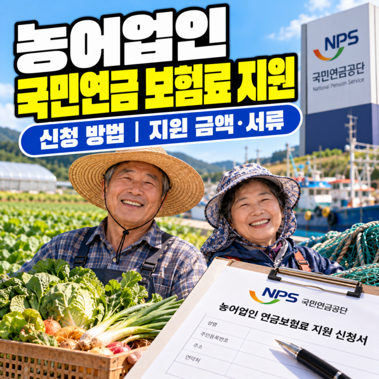 농어업인 국민연금 보험료 지원 신청 방법과 지원 금액, 필요서류를 안내하는 썸네일 이미지. 농업인과 어업인, 국민연금공단을 상징하는 배경과 지원 신청서가 표현되어 있다.