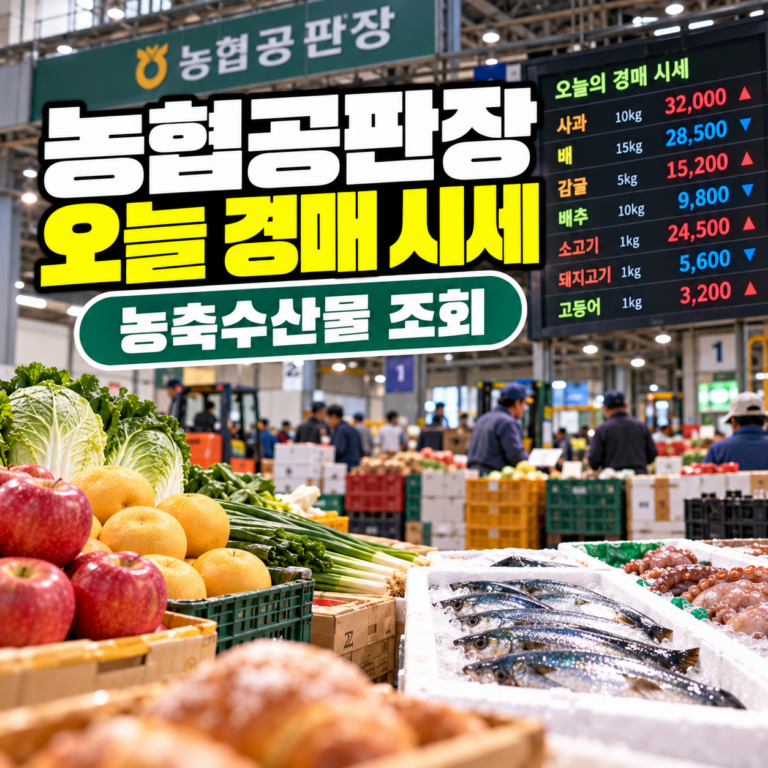 농협공판장 오늘 경매 시세 조회 방법을 안내하는 썸네일 이미지. 농산물 도매시장에 진열된 과일과 채소, 수산물 및 경매가격 전광판이 표현되어 있다.