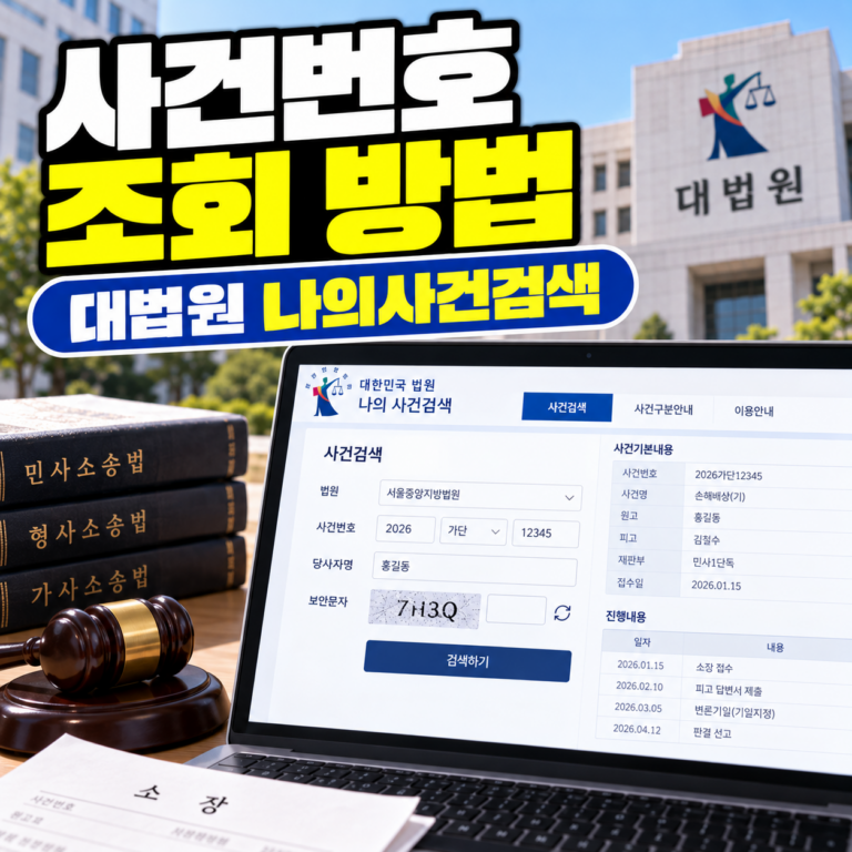 대법원 나의사건검색을 이용한 사건번호 조회 방법 안내 썸네일. 법원 건물을 배경으로 노트북의 사건검색 화면과 법률 서적, 법봉이 표현되어 있다.