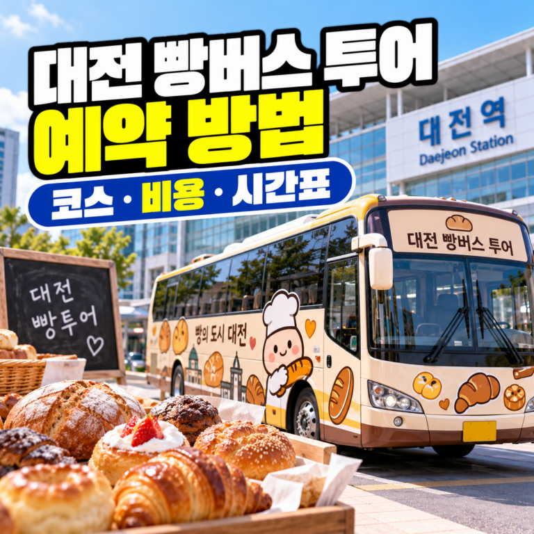 대전 빵버스 투어 예약 방법과 코스, 비용 및 시간표를 안내하는 썸네일 이미지. 대전역을 배경으로 빵 그림이 장식된 관광버스와 크루아상, 소금빵 등 다양한 빵이 표현되어 있다.