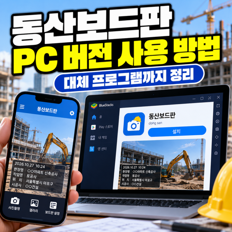 동산보드판 PC 버전 사용 방법과 대체 프로그램을 안내하는 썸네일 이미지. 건설 현장을 배경으로 스마트폰의 동산보드판 앱과 노트북의 블루스택 실행 화면, 안전모가 표현되어 있다.