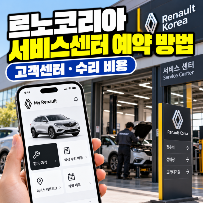 르노코리아 서비스센터 예약 방법과 고객센터 전화번호, 수리 비용 확인 방법을 안내하는 썸네일 이미지. 르노 공식 정비센터와 차량을 점검하는 정비사, My Renault 앱의 정비 예약 화면이 표현되어 있다.