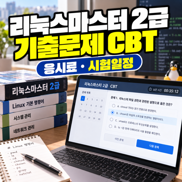 리눅스마스터 2급 필기 기출문제 CBT와 응시료, 시험일정을 안내하는 썸네일 이미지. 노트북의 객관식 CBT 시험 화면과 리눅스 학습 교재, 명령어 필기 노트가 표현되어 있다.