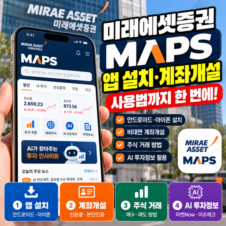 미래에셋증권 M-STOCK(MAPS) 앱 설치와 비대면 계좌개설 방법을 안내하는 썸네일 이미지. 스마트폰 주식 거래 화면과 미래에셋증권 건물, 앱 설치 및 계좌개설 안내가 표시되어 있다.