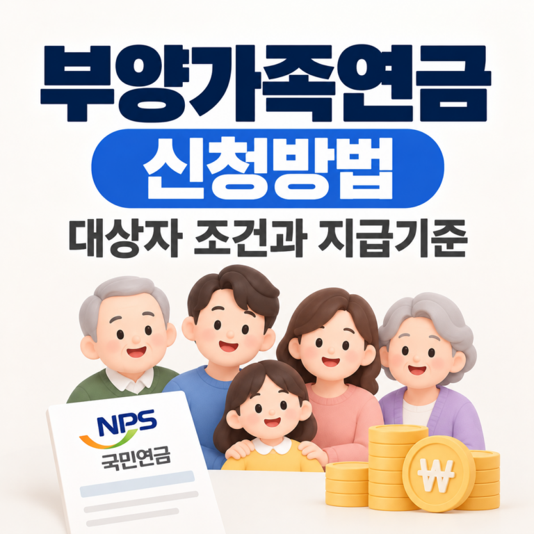 부양가족연금 신청방법과 2026년 대상자 조건 및 지급기준을 안내하는 가족과 국민연금 이미지