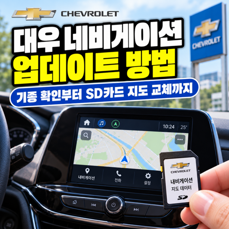대우 네비게이션 업데이트 방법을 안내하는 썸네일 이미지. 쉐보레 차량의 순정 내비게이션 화면과 지도 데이터가 저장된 SD카드를 중심으로 업데이트 방법을 표현했다.