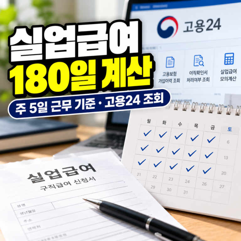 실업급여 피보험단위기간 180일 계산 방법과 주 5일 근무 기준, 고용24 가입이력 조회 안내