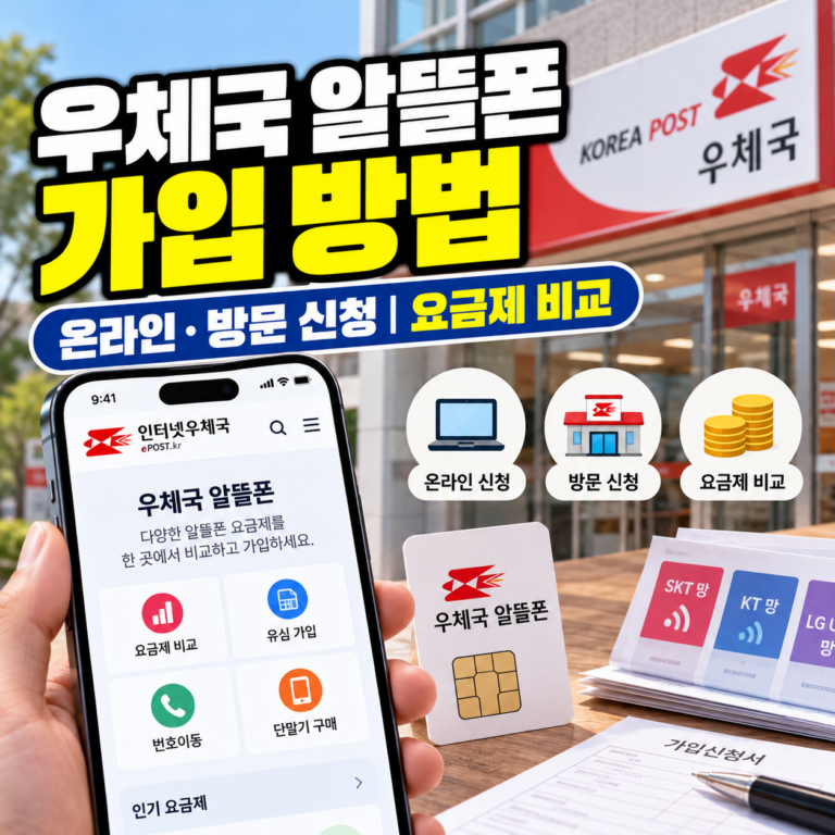 우체국 알뜰폰 가입 방법을 안내하는 썸네일 이미지. 우체국 건물과 스마트폰, 알뜰폰 유심카드를 배경으로 온라인·방문 신청과 요금제 비교를 표현했다.