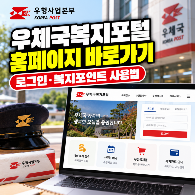 우체국복지포털 홈페이지 바로가기와 로그인, 복지포인트 사용법을 안내하는 썸네일 이미지. 우체국 건물과 노트북의 복지포탈 화면, 우체국 직원 모자가 표현되어 있다.