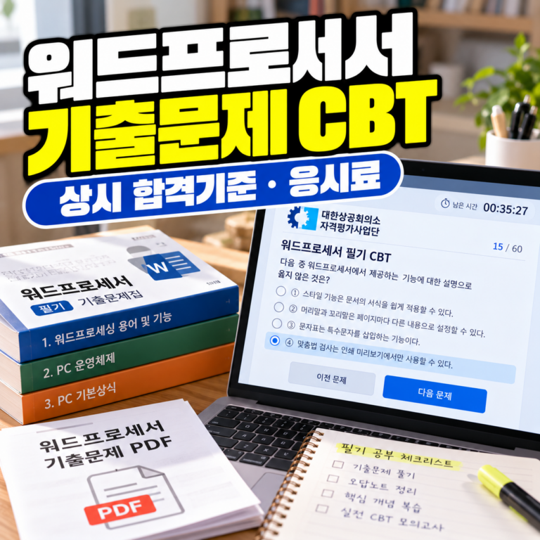 워드프로세서 필기 기출문제 CBT와 PDF 다운로드, 상시시험 합격기준 및 응시료를 안내하는 썸네일 이미지. 노트북의 객관식 CBT 시험 화면과 워드프로세서 수험서, 기출문제 PDF 자료가 표현되어 있다.