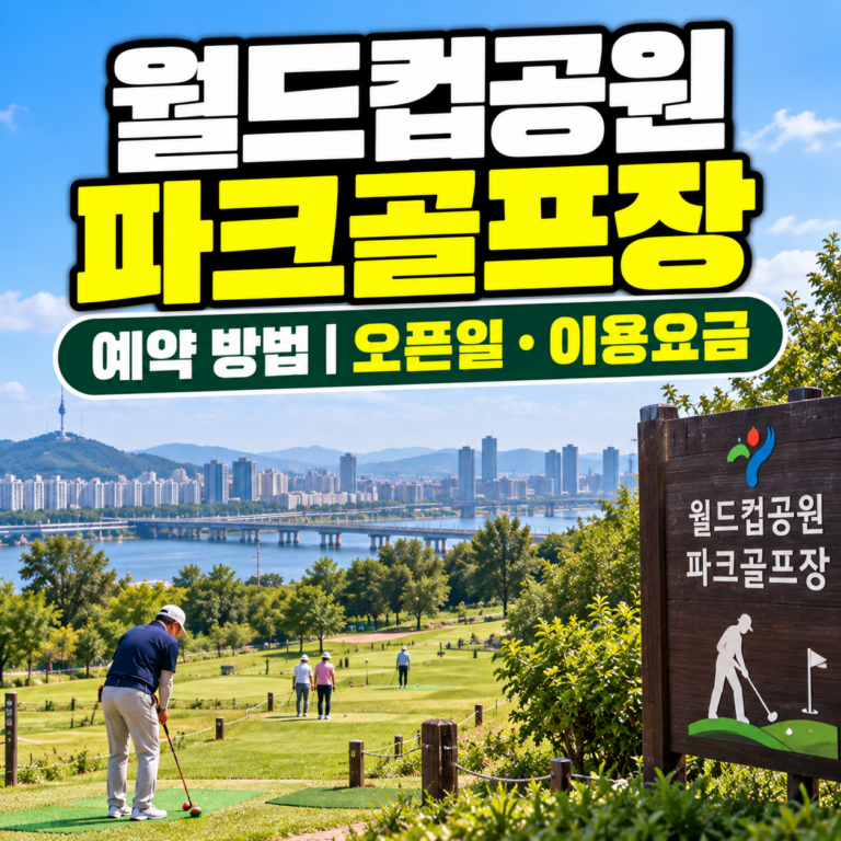 서울 마포구 월드컵공원 파크골프장 예약 방법과 이용요금을 안내하는 썸네일 이미지. 노을공원의 푸른 잔디 코스에서 파크골프를 즐기는 사람들과 한강, 서울 도심 풍경이 표현되어 있다.