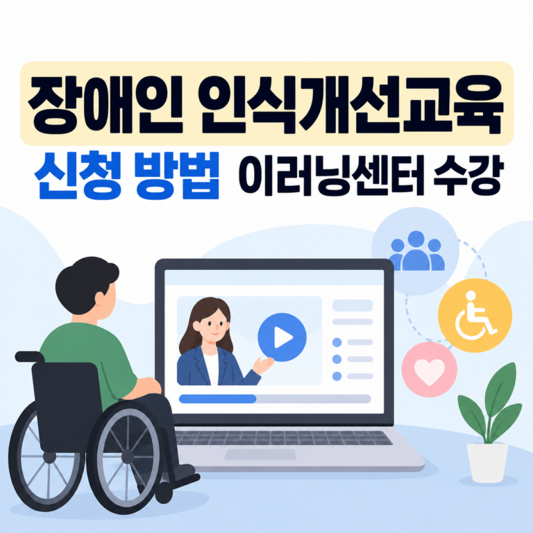 장애인 인식개선교육 신청 방법과 이러닝센터 수강 안내 이미지, 휠체어 이용자가 노트북으로 온라인 교육을 듣는 모습