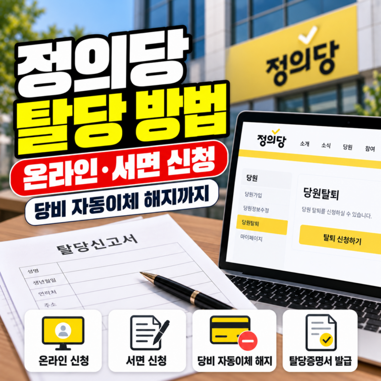 정의당 탈당 방법과 온라인·서면 신청 절차를 안내하는 썸네일 이미지. 정의당 간판을 배경으로 탈당신고서와 노트북의 당원탈퇴 화면, 당비 자동이체 해지 안내가 표시되어 있다.