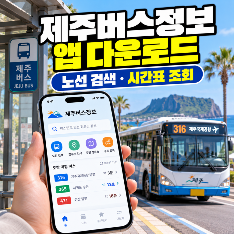 제주버스정보시스템 앱 다운로드와 버스 노선 검색, 시간표 조회 방법을 안내하는 썸네일 이미지. 제주도 해안도로의 시내버스와 스마트폰의 제주버스정보 앱 화면이 표현되어 있다.