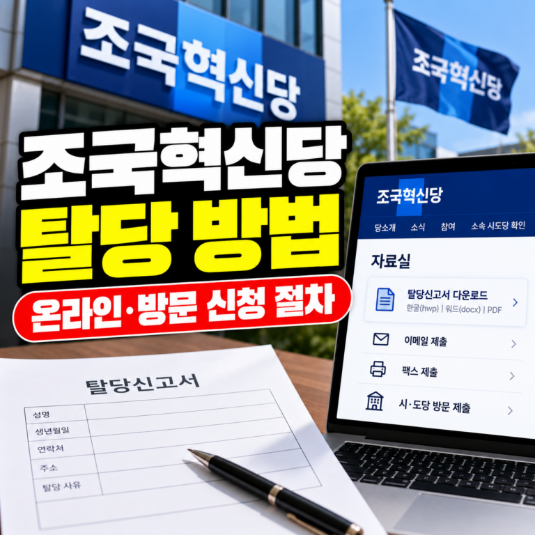 조국혁신당 탈당 방법과 온라인·방문 신청 절차를 안내하는 썸네일 이미지. 조국혁신당 간판을 배경으로 탈당신고서와 노트북의 신청 안내 화면이 표시되어 있다.