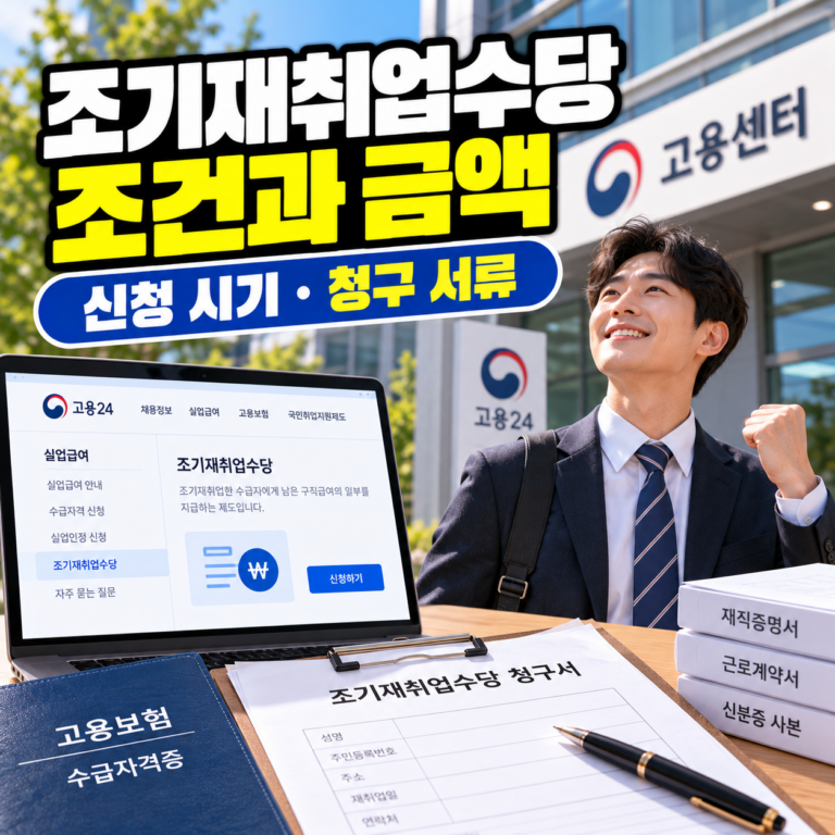 조기재취업수당 지급 조건과 금액, 신청 시기 및 청구 서류를 안내하는 썸네일 이미지. 고용센터와 재취업에 성공한 직장인, 고용24 신청 화면과 청구서가 표현되어 있다.