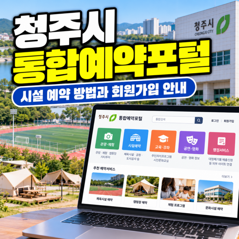 청주시 통합예약포털 홈페이지와 시설 예약 방법을 안내하는 썸네일 이미지. 청주시청 건물과 체육시설, 캠핑장을 배경으로 노트북의 통합예약포털 화면이 표시되어 있다.