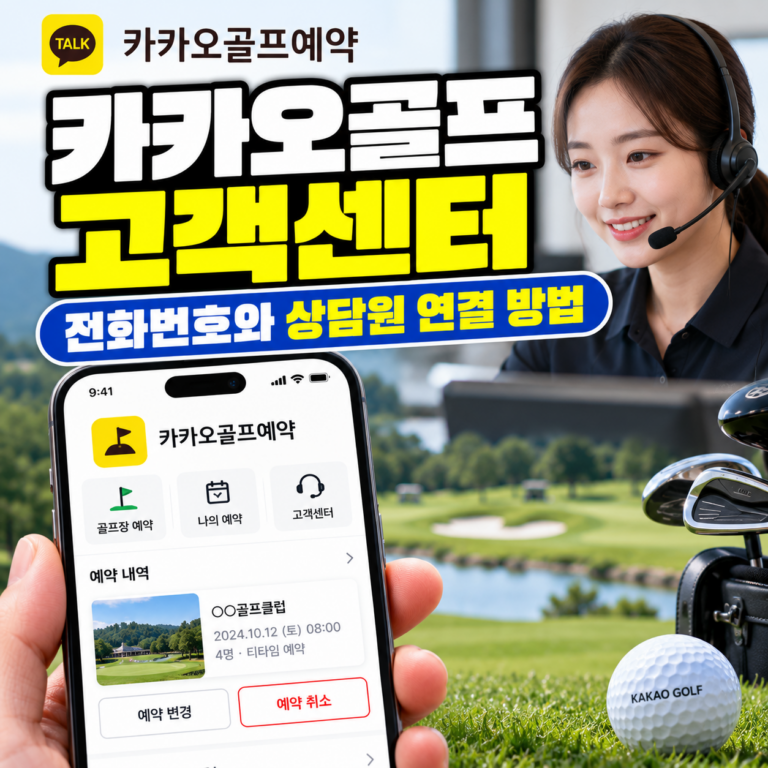 카카오골프예약 고객센터 전화번호와 상담원 연결 방법을 안내하는 썸네일 이미지. 골프장을 배경으로 고객센터 상담원과 스마트폰의 골프 예약 및 취소 화면이 표현되어 있다.