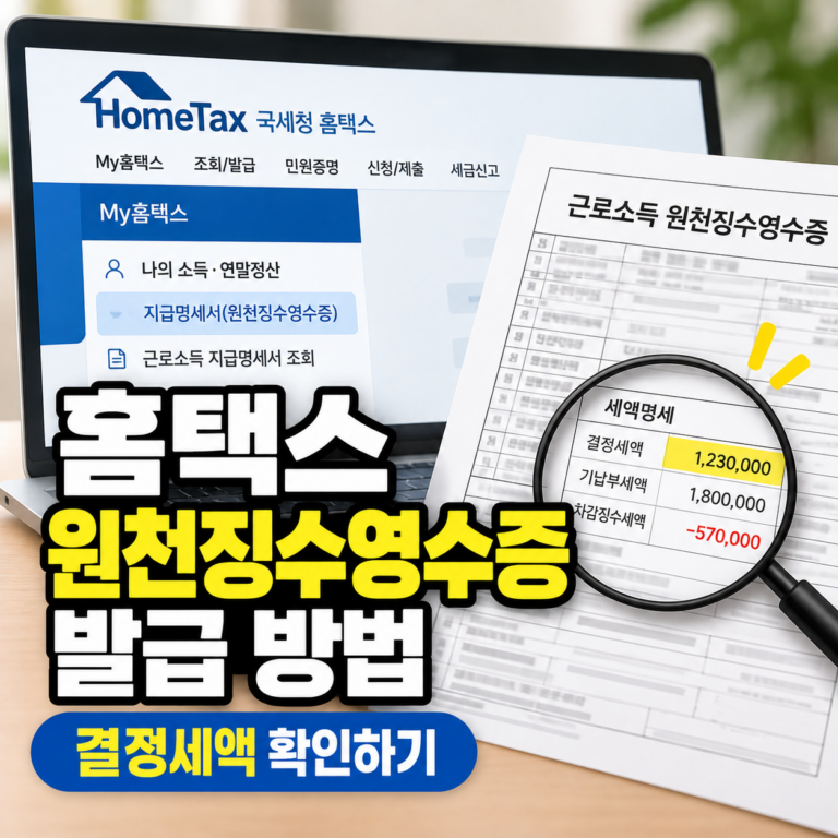 홈택스 원천징수영수증 발급 방법과 결정세액 확인을 안내하는 썸네일, 근로소득 원천징수영수증 세액명세 화면